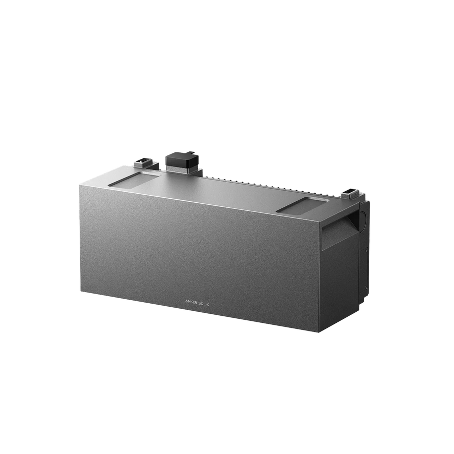 Anker SOLIX uitbreidingsbatterij 7 kWh in antracietgrijs met metalen behuizing en compacte rechthoekige vorm, uitbreidingsbatterij 7 kWh.